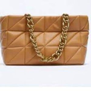 Zara Camel Brown Chain Strap Quilted Tote Bag
